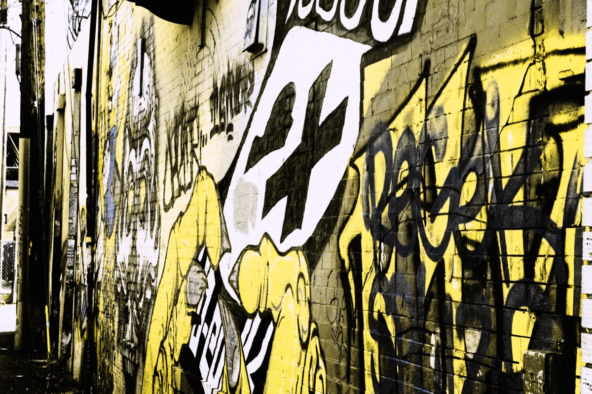Photograph of a yellow and black graffiti-covered alley wall, titled That Yellow Alley.